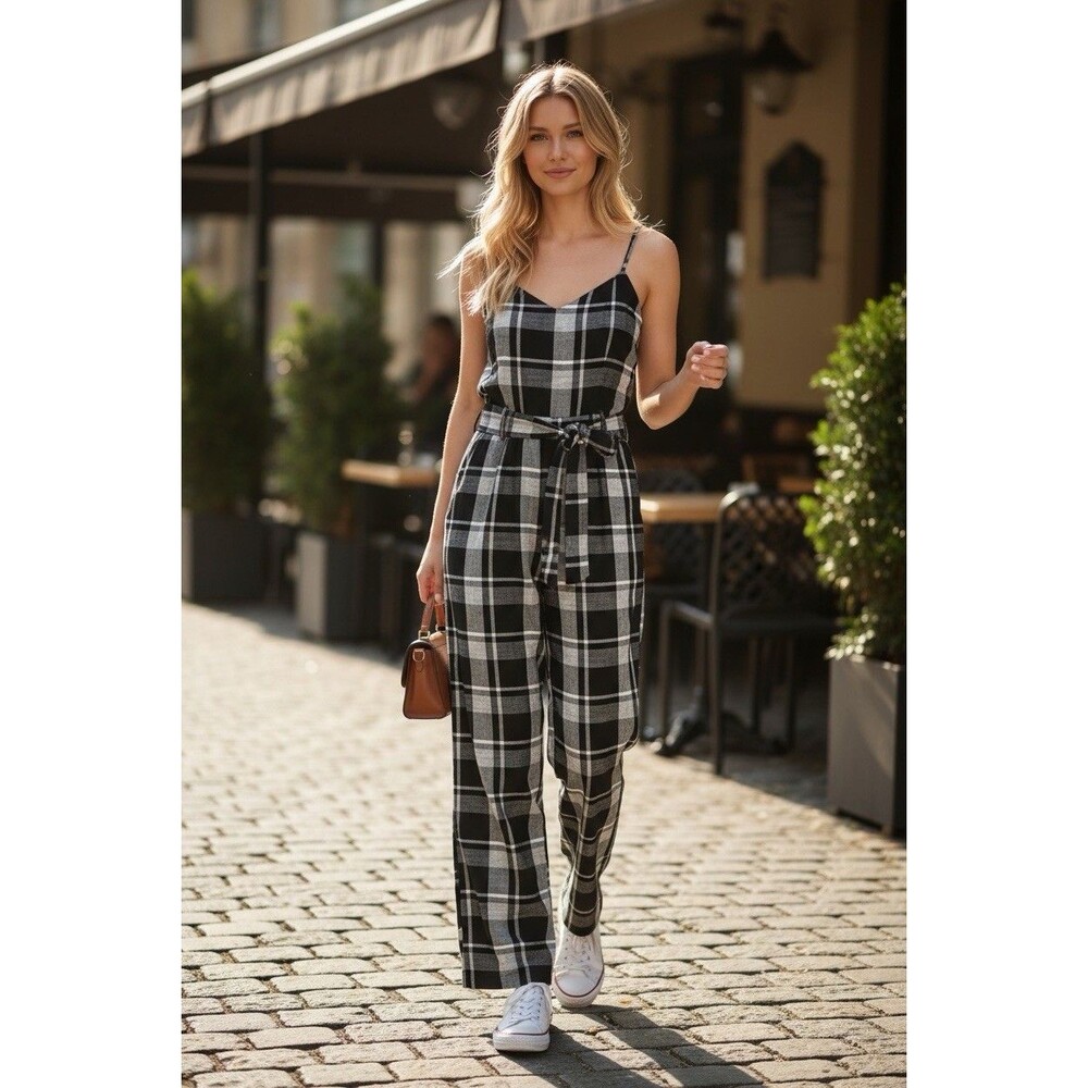 American Eagle‎ Womens Plaid Jumpsuit Black White Cotton Linen Blend Size Small
